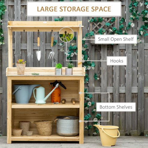 Outsunny Garden Potting Bench Table, Wooden Workstation Bench w/ Galvanized Metal Tabletop, Storage Shelves and Hooks for Patios, Courtyards, Balcony