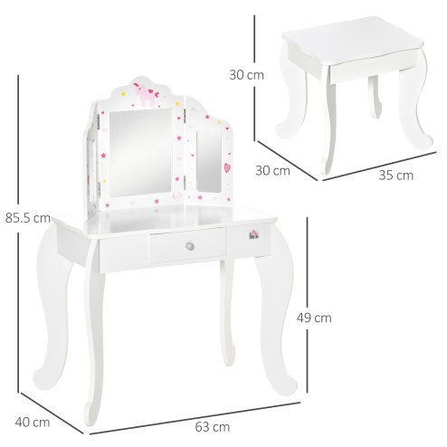 HOMCOM Kids Vanity Table & Stool Girls Dressing Set Make Up Desk Chair Dresser Play Set with Rotatable Mirrors Drawer Star & Heart Pattern White