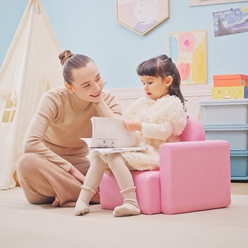 HOMCOM Kids Armchair Toddler Sofa Children's Chair, 2 in 1 Kids Table Chair Set with Wooden Frame, for 3 Years Old Girls Pink