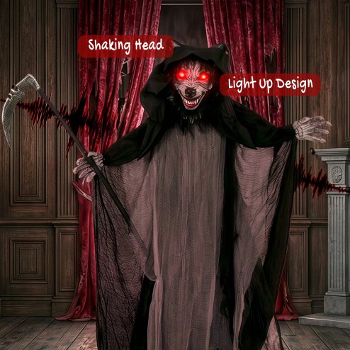 HOMCOM Halloween Animatronic Standing Werewolf Animated Decoration, Life-Size Halloween Animatronic with Light-Up Eyes, Sound and Touch Activated, Moving Head Prop for Haunted House Party