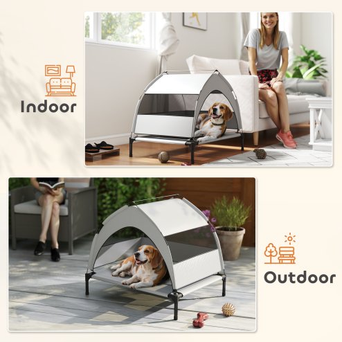 PawHut Elevated Dog Bed with Removable Canopy, Portable Cooling Raised Pet Cot with Breathable Mesh, Storage Bag, for Indoor Outdoor Use, for Small Medium Dogs, 76 x 61 x 60 cm, Light Grey