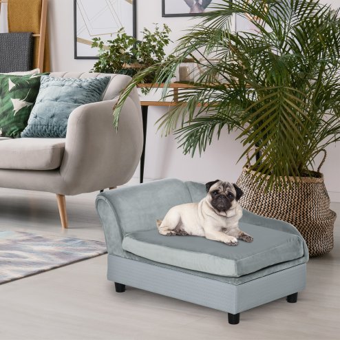 PawHut Dog Sofa with Storage, Pet Chair for Small Dogs, Cat Couch with Soft Cushion, Light Grey, 76 x 45 x 43 cm