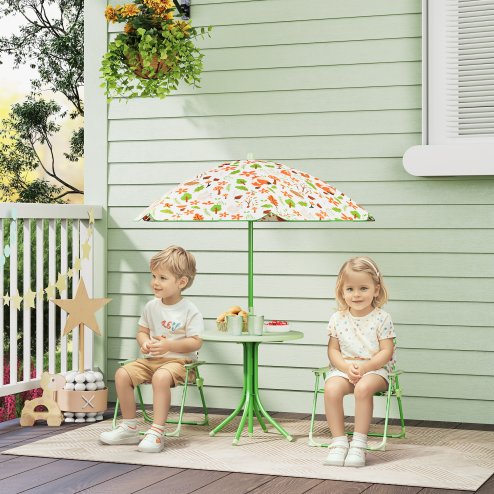 AIYAPLAY Children Table and Chair Set with Adjustable Parasol, 2 Folding Chairs, Picnic Table, Fox Pattern Outdoor Patio Set, for Ages 2-5 Years, Green