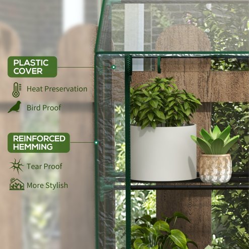 Outsunny 3 Tier Lean-to Mini Greenhouse with Reinforced Plastic Cover, Portable Indoor Outdoor Green House with 2 Roll-up Doors and 6 Wire Shelves, 151H x 143W x 46Dcm, Clear