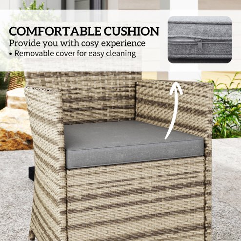 Outsunny 4 Seater Garden Dining Set with Cushions, Double Layer Table with Wood-like Slat Top, PE Rattan Garden Furniture Set, Outdoor Dining Table and Chairs for Patio, Balcony, Grey