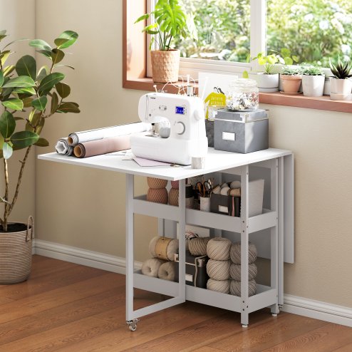 HOMCOM Industrial Folding Dining Table, Drop Leaf Table with Open Compartments for Small Spaces, Kitchen, Dining Room, White