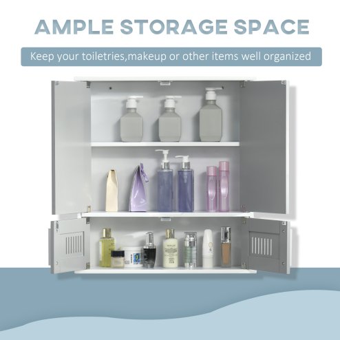 kleankin Bathroom Mirror Cabinet, Wall Mounted Storage Cupboard with Double Doors and Adjustable Shelf, Bathroom Organizer