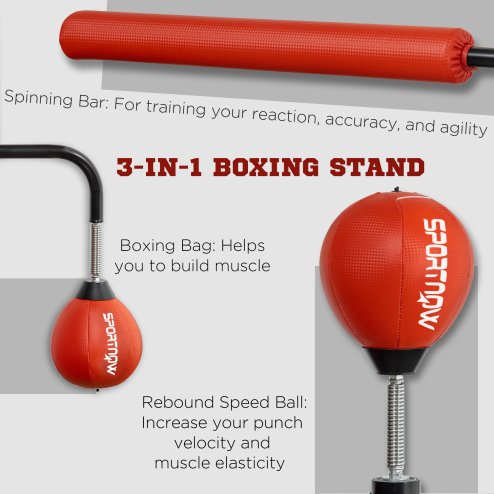 SPORTNOW 140-205cm Inflatable Boxing Bag with Reaction Bar Challenge, Freestanding Punching Bag Training Equipment, with Suction Cups, Speed Punching Bag, MMA Equipment, Red