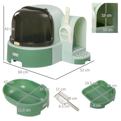 PawHut Cat Litter Box, 2 in 1 Hooded Cat litter Tray Cat House with Scoop, Drawer Pans, Openable Cover, Green