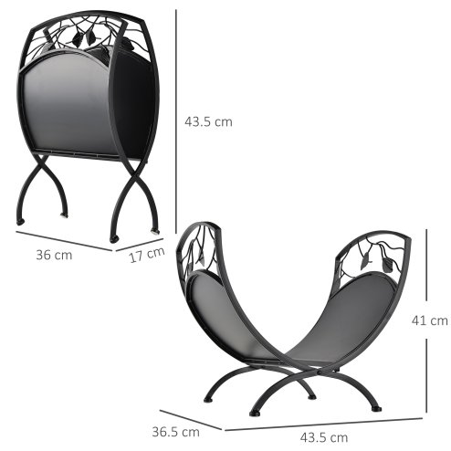 Outsunny Metal Arced Firewood Log Holder Indoor Outdoor Folding Firewood Rack Fireplace Wood Storage Shelf w/ Leaf Pattern Design, Black, 43.5W x 36.5D x 41H cm