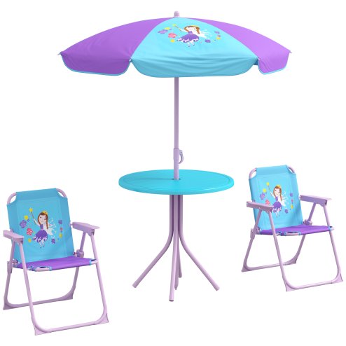 Outsunny Kids Bistro Set Children Table and Chair Set Garden Furniture Fairy Themed 4 Pieces w/ Adjustable Parasol, Foldable Chairs for 2-5 Years - Blue