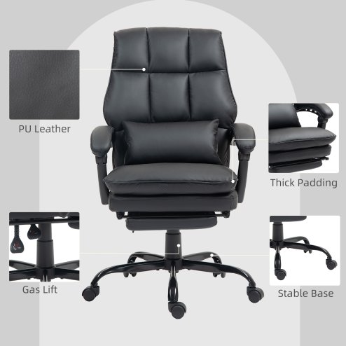 HOMCOM Executive Office Chair with Footrest, PU Leather High Back Desk Chair with Lumbar Support, Swivel Computer Chair with Adjustable Height and Padding Armrests, Black