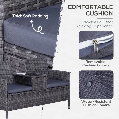 Outsunny 2 Seater Rattan Sofa with Cushions, Wicker Garden Loveseat with Armrests, Outdoor Garden Sofa Couch with Metal Frame for Patio, Mixed Grey