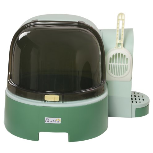 PawHut Cat Litter Box, 2 in 1 Hooded Cat litter Tray Cat House with Scoop, Drawer Pans, Openable Cover, Green