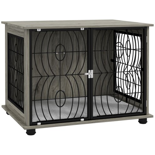 PawHut Dog Crate Furniture, Dog Cage End Table with Large Top, Soft Washable Cushion, Lockable Front Door, Wire Mesh Ventilation, Indoor Pet Crate for Medium Sized, 80 x 56 x 63cm - Grey wood effect