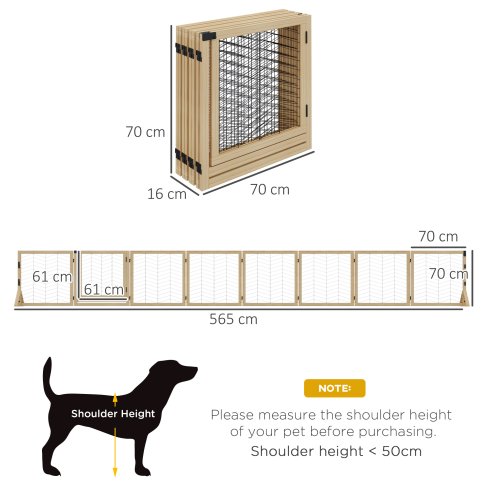 PawHut Freestanding Pet Gate, 8 Panels Dog Playpen, Foldable Dog Barrier with 2 Pcs Support Feet, for House, Doorway, Stairs, Small and Medium Dogs - Natural Wood