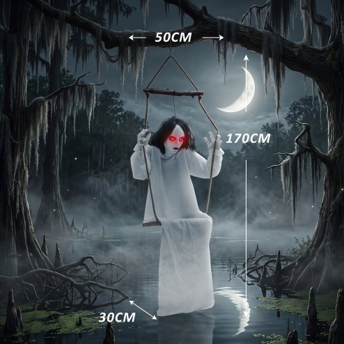 HOMCOM 170cm Animated Hanging Swing Ghost Halloween Decorations Outdoor Indoor, Sound Touch Activated Ghost Halloween Animatronic with Glowing Red Eyes for Haunted House Party Decorations