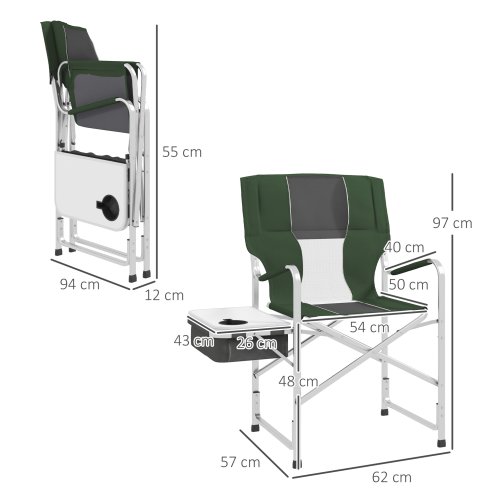 Outsunny Aluminium Directors Chair, Folding Camping Chair for Adults with Side Table, Cup Holder, Cooler Bag and Pocket, Up to 120 kg, Green