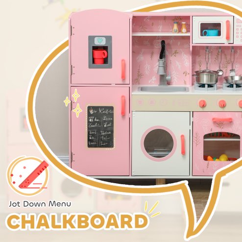 AIYAPLAY Toy Kitchen, Pretend Role Play Kitchen, Kids Kitchen Set with Lights and Sounds, Double Stoves, Ice Maker, Chalkboard, Microwave, Oven, Sink, 5 Accessories, for 3+ Years, Pink