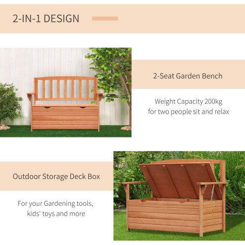 Outsunny Outdoor 2 Seater Garden Bench, Wooden Bench with Storage, Garden Storage Bench with Backrest, Arm Rests for Outdoor Patio Porch, 112 x 84 x 58 cm, Natural