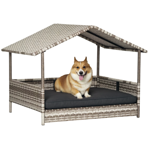 PawHut Wicker Dog Bed, Elevated Rattan Dog House with Removable Cushion and Canopy, for Small and Medium Dogs, 98 x 69 x 70cm - Dark Grey