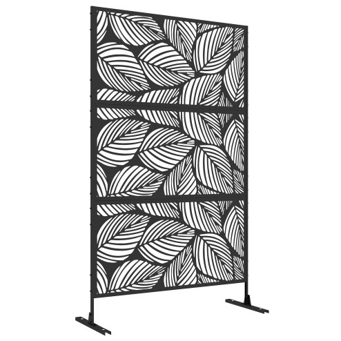 Outsunny Decorative Garden Privacy Screen with Stand, 6.5FT Freestanding Metal Outdoor Divider, Decorative Privacy Panel with Expansion Screws for Garden Pool Hot Tub, Leaf Style, Black