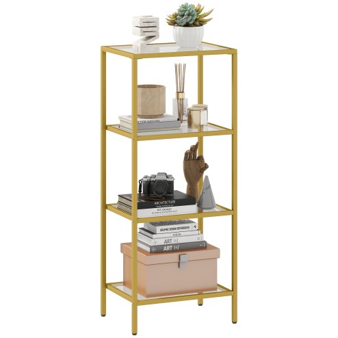 HOMCOM 4-Tier Shelving Unit, Modern Glass Shelf, Bookshelf, Storage Rack for Living Room, Home Office, Bedroom, Bathroom, 40 x 30 x 97 cm, Gold Tone