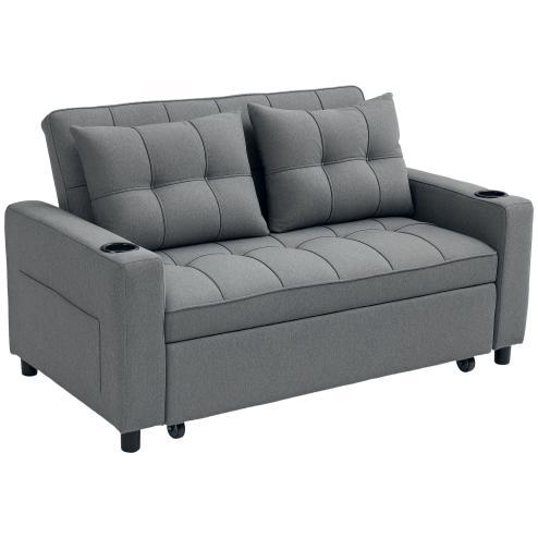 HOMCOM 2 Seater Sofa Bed, Convertible Pull Out Sofa Bed with Adjustable Backrest, Cup Holders and Pillows, Click Clack Settee for Living Room, Bedroom, Guest Room, Charcoal Grey