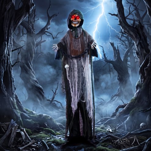 HOMCOM 170cm Animated Halloween Grim Reaper, Life-Size Halloween Animatronics with Moving Hands/Head, Glowing Eyes, Creepy Sound, Touch/Sound Activated for Covered Outdoor Yard