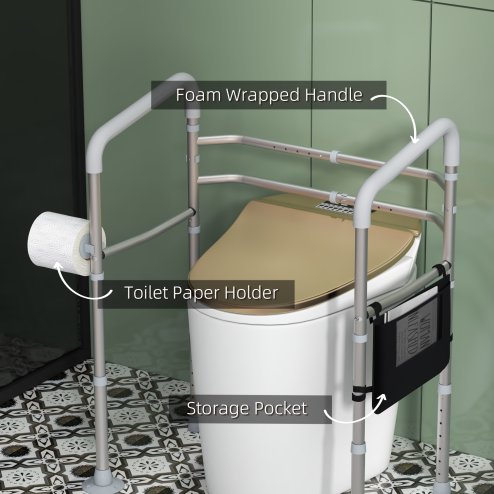 HOMCOM Free Standing Toilet Frame, Height and Width Adjustable Toilet Safety Frame with Arms, 2 Additional Suction Cups, Storage for Elderly, Disabled, Handrail Grab Bar, 136kg Weight Capacity