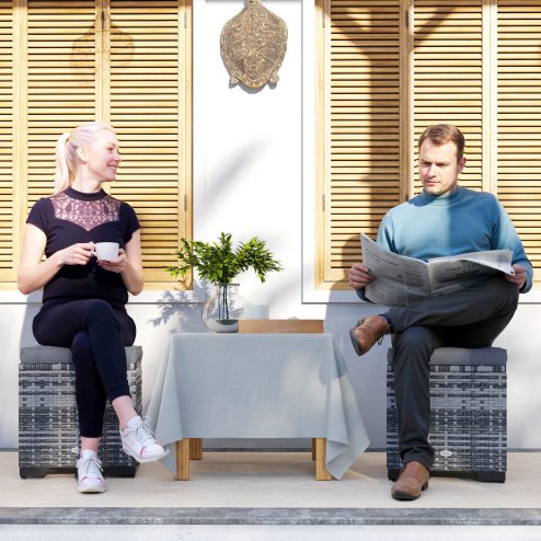 Outsunny Set of 2 Rattan Storage Ottoman, Outdoor Footstool with Removable Cushions, Garden Storage Seat for Balcony, Porch, Living Room, Dark Grey