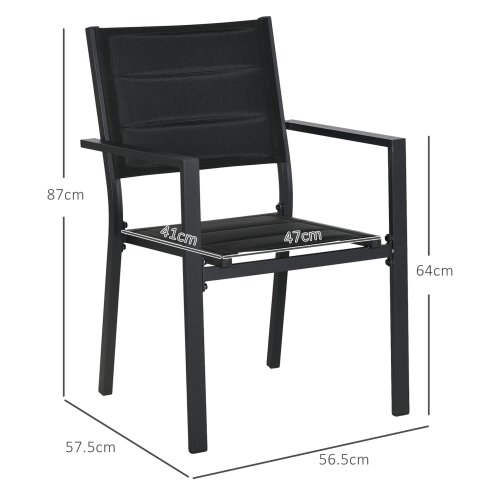 Outsunny 2 Pieces Garden Dining Chairs, Aluminium Outdoor Armchair for 2 with Breathable Mesh Fabric, Stackable Design, Black