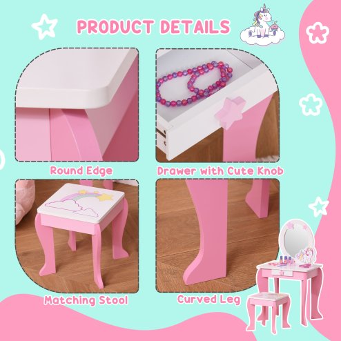 HOMCOM Girls Dressing Table with Mirror, Stool, Kids Dressing Table, Unicorn-Designed Play Toy for Toddles Girls Age 3-6 Years, Acrylic Mirror, Pink and White
