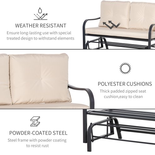 Outsunny 2-Person Outdoor Loveseat Glider Bench Rocking Chair for Patio, Garden, Yard, Porch with Armrest and Cushions, Khaki