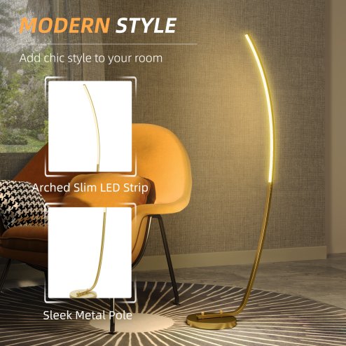 HOMCOM LED Floor Lamp with 3 Adjustable Brightness, Modern Dimmable Standing Lamp with Foot Switch for Bedroom, Living Room, Gold Tone