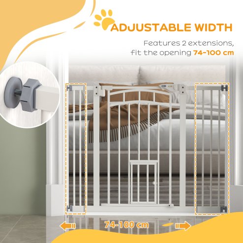 PawHut Dog Stair Gate Pet Barrier with Small Cat Door, Pressure Fit Safety Gate  with Auto Closing System, Double Locking, for Hallways, 74-100 cm Openings - White