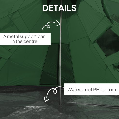 Outsunny 6 Men Tipi Tent, Camping Tent with Mesh Windows, Sewn-in Floor, Two Doors and Carry Bag, Easy Set Up, for Hiking Picnics Outdoor Night, Green