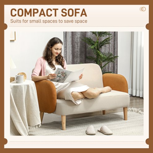 HOMCOM 2 Seater Sofa, Modern Nordic Loveseat Sofa Couch with Rubber Wood Legs, Velvet Fabric Sofa for Living Room, Bedroom, 130 x 74 x 76cm, Cream White and Orange