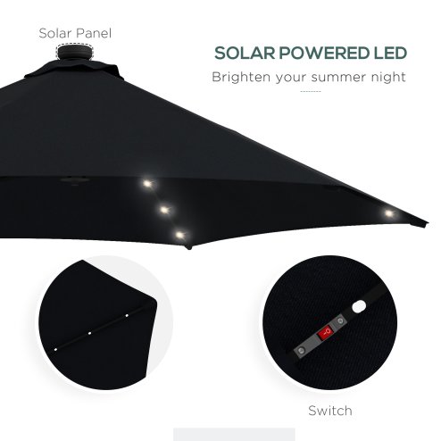 Outsunny 3(m) Cantilever Parasol with Solar LED and Easy Lever, Garden Parasol Umbrella with Cross Base and Waterproof Cover, Outdoor Sun Shades, Black