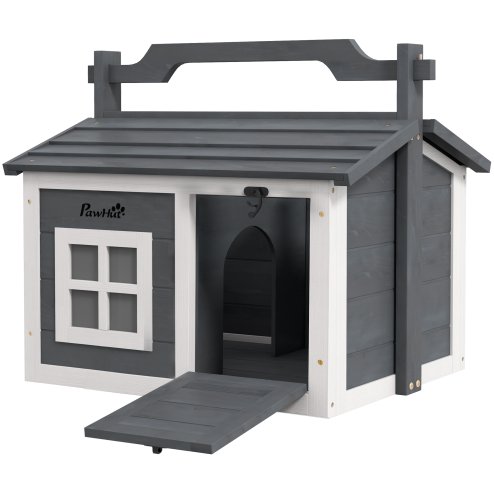 PawHut Rabbit Hutch Cat House Puppy House Guinea Pig Hutch Small Animal House Portable Wooden Indoor Outdoor with 2 Rooms Top Handle, Openable Roof - Grey