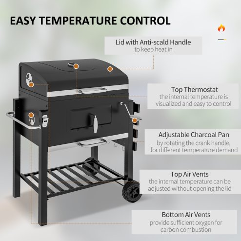 Outsunny Charcoal Grill BBQ Trolley with Adjustable Charcoal Grate, Garden Metal Smoker Barbecue with Shelf, Side Table, Wheels, Built-in Thermometer, Bottle Opener