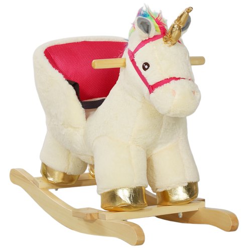 AIYAPLAY Rocking Horse, Unicorn Rocking Horse with Realistic Sounds, Safety Belt, Wooden Base, Plush Ride on Unicorn, for Ages 18-36 Months, Cream White