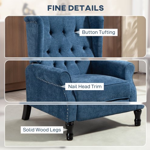 HOMCOM Recliner Armchair, Vintage Reclining Chair with Nail Head Trim, Wingback Chair with Button Tufted Back and Footrest, for Living Room, Royal Blue