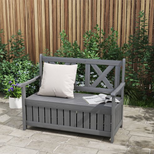 Outsunny Wood Garden Bench 2 Seater Storage Chest Patio Seating Chair with High Back and Armrest, Charcoal Grey