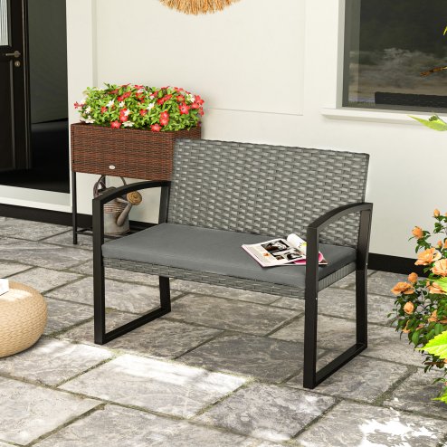 Outsunny 2 Seater Rattan Garden Bench, Outdoor Bench with Cushion, PE Wicker Garden Loveseat with Armrests, Galvanised Steel Frame for Patio, Park, Dark Grey