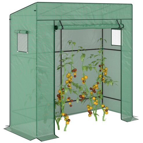 Outsunny Tomato Greenhouse with Reinforced PE Cover, Walk-in Garden Growhouse with Large Roll-up Door and 2 Mesh Windows, Portable Indoor Outdoor Green House, 196L x 77W x 178Hcm, Green