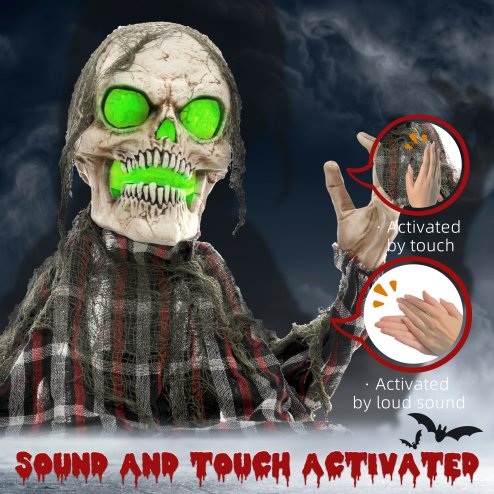 HOMCOM 70cm Groundbreaker Skeleton Outdoor Halloween Decoration, Halloween Animatronic with Sound Activated, Light Up Eyes, Sound Effects, Animated Prop for Haunted House