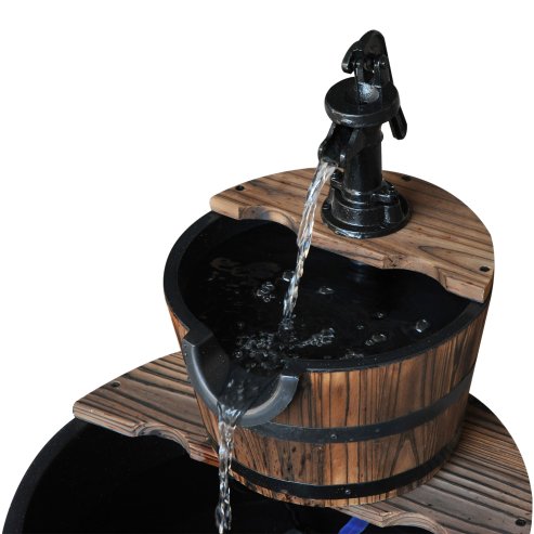 Outsunny Wooden 2-Tier Barrel Water Fountain with Pump Freestanding Cascading Feature Self Contained Water Pump Garden Decoration