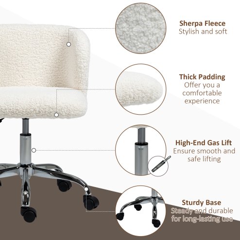 HOMCOM Office Chair, Cosy Teddy Fleece Upholstery Desk Chair with Backrest and Wheels for Home Office, White