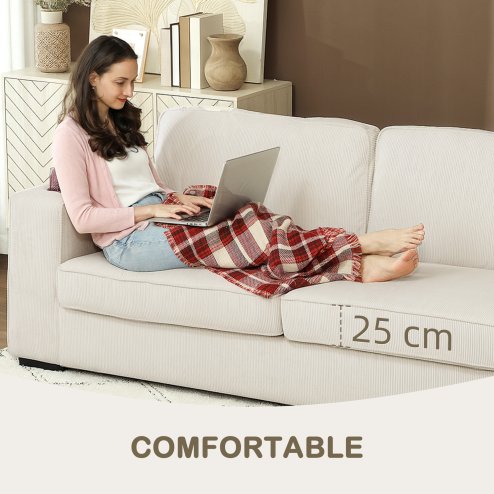 HOMCOM Modern 3 Seater Sofa with Spring Cushion, 210 cm Fabric Sofa Couch with Cup Holders, Upholstered Settee for Living Room, Bedroom, Home Office, Cream White